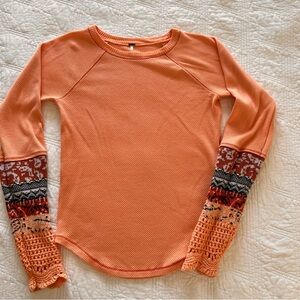 Free People Orange Long Sleeve Tee with Patterned Sleeves